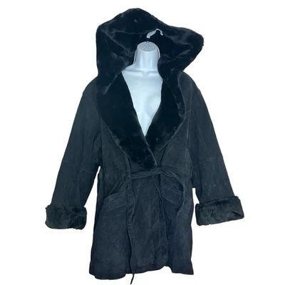 Abrigo Wilsons Cuero De Colección Años 90 Y2K Gamuza Cuero Imitación Piel Borde XL Con Capucha Corbata Cintura Foto 1 de 4