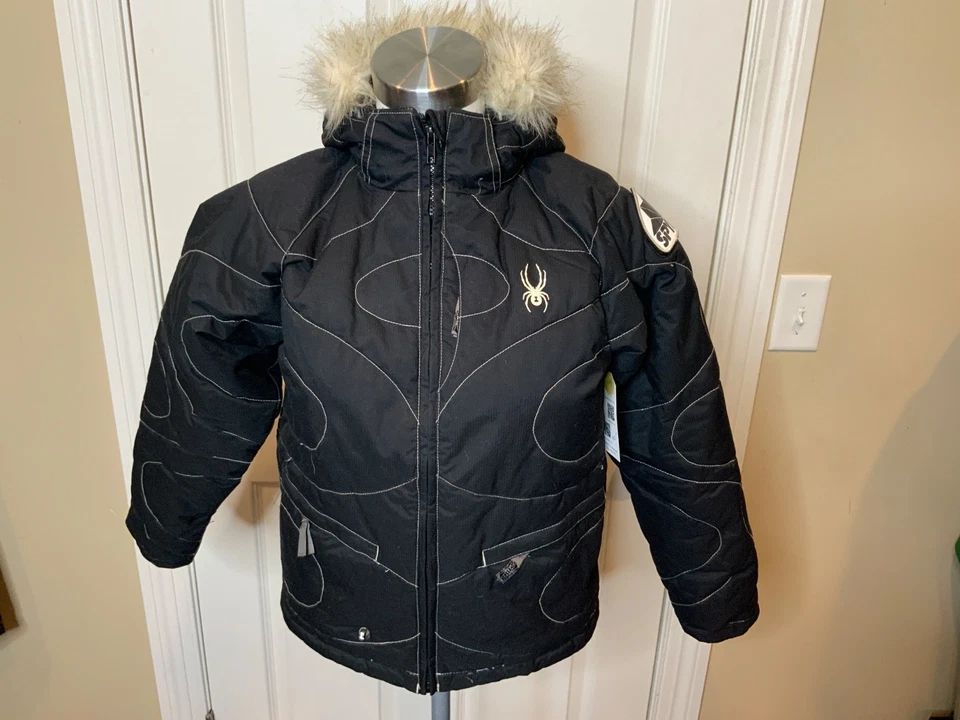 Chaqueta de esquí con capucha de piel sintética negra Spyder, talla 10 Foto 1 de 4