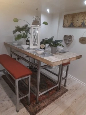 High Dining Table & Two Benches  (one Of A Kind) - Image 1 of 4