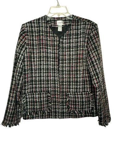 CHANEL Giacca CHICOS tweed blazer donna bordo frange nero e rosa taglia 1 XL tasche cappotto