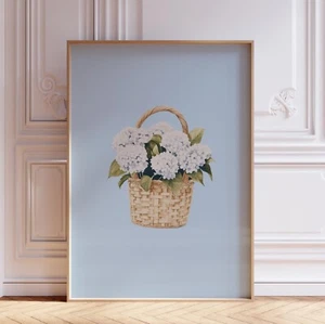 Light Blue and White Hydrangea Flowers in Basket Wall Art Print - Picture 1 of 6