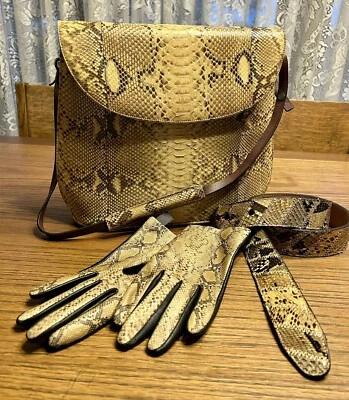 Винтажный 12» большой редкая питон подлинный змеиной кожи сумочки Дамская сумка перчатки 36» ремень комплект - Изображение 1 из 4