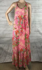 GB Maxi Dress XS Pink Hawaiian Floral Print Semi-Sheer Overlay Ruffle Summer - Bild 1 von 12