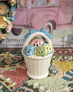 EASTER Ceramic Light Up LED Basket with Pastel Easter Eggs & Blue Bow - Picture 1 of 7