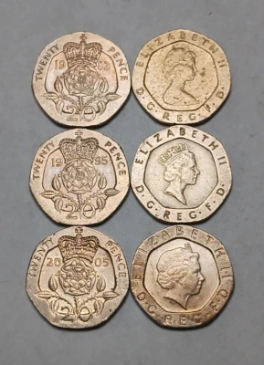 3x Great Britain 20 Pence Set - QEII 2nd, 3rd, 4th Portraits - 1982 and Up - Image 1 of 4