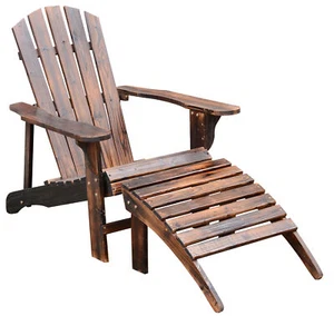 Outdoor Patio Deck Adirondack Chair Wooden Lounger Beach Pool Seat with Ottoman - Picture 1 of 11