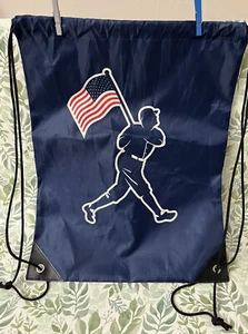 Baseballism Silhouette  Baseball Player Flag Navy Blue Drawstring Nylon Backpack - Picture 1 of 3