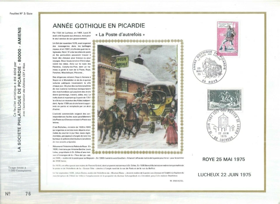 FEUILLET PHILATELIQUE ANNEE GOTHIQUE EN PICARDIE LA POSTE D'AUTREFOIS - Photo 1/1