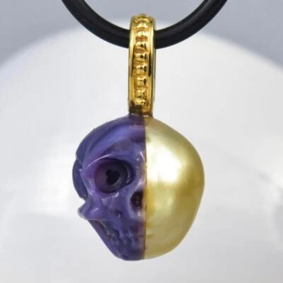 Skull IN Süd See Perle Anhänger Geschnitzter Lila Muschel Vermeil Sterling 3.67g - Bild 1 von 4