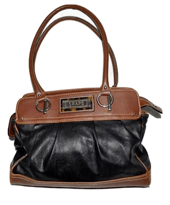 Ralph Lauren Chaps Black Pebbled Faux Leather Brown Trim 3 Section Shoulder Bag - Image 1 of 4
