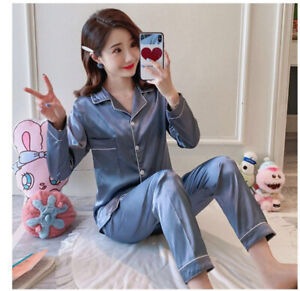 Women's Silk Satin Pajamas Set Long Sleeve Button-Down Sleepwear Loungewear New 