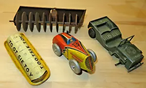 Lot of 4 Vtg Tootsie Toy Dairy Tank Army Jeep Marx Tin Litho Wind Up 13 Race Car - Picture 1 of 11
