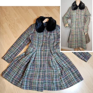 Nuevo con etiquetas Abrigo Modcloth Multicolor Tweed Acampanado Extraíble Cuello de Piel Sintética Mediano - Imagen 1 de 16