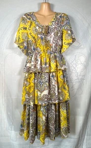 Boohoo yellow & white boho paisley chiffon fluted-sleeve tiered rara dress, 8-10 - Picture 1 of 3