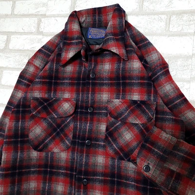 Vintage 70s Pendleton Red Blue Plaid Wool Loop Collar Flannel Board Shirt USA M - Image 1 of 4