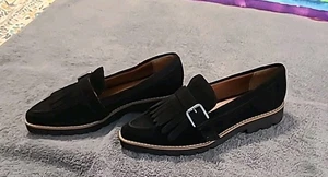 Women's Franco Sarto Sz 8M Darius Black Suede Leather Loafers with buckles NEW - Picture 1 of 5