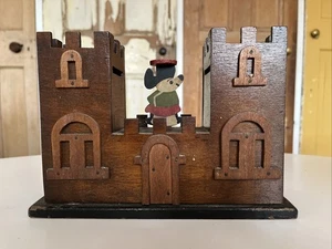 Vintage Scratch Built Wooden Castle Money Box Mickey Mouse Balance Figure - Foto 1 di 15