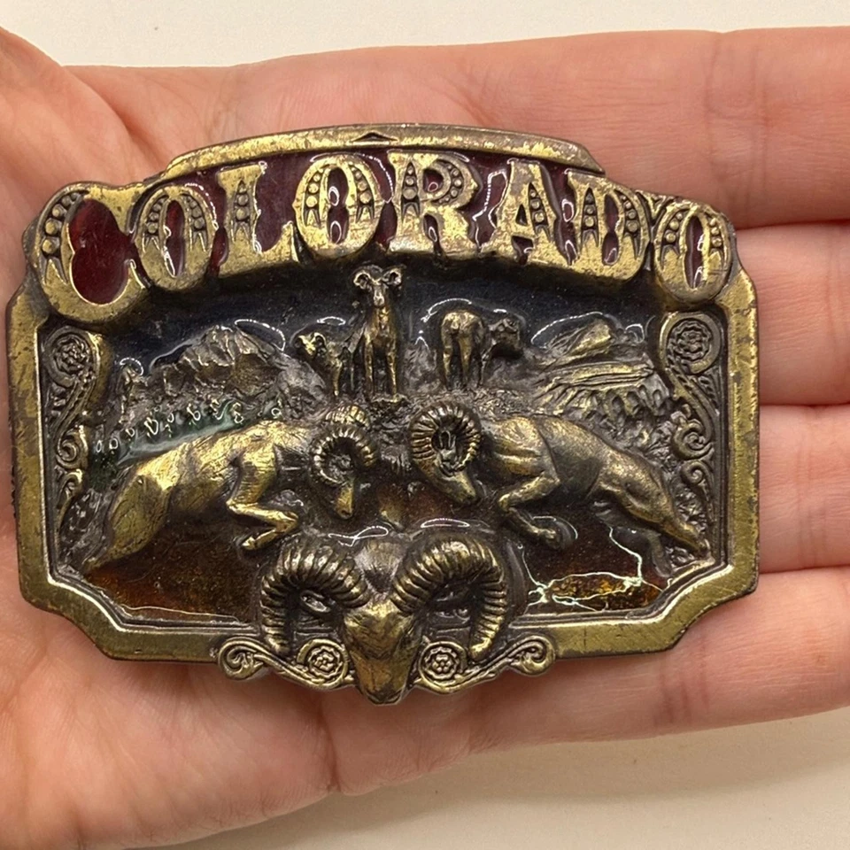 Vintage Great American Buckle Co Colorado Belt 1983 Gold Tone Rams Collectible - Image 1 of 4
