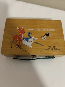 Vintage Animal Picture Puzzle Cubes in Wood Storage Box 5 Pictures 15 Blocks - Picture 1 of 5