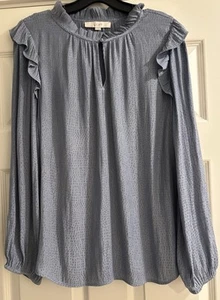 LOFT Boho Ruffle Trim collo buco della serratura taglia M blu con pois manica lunga - Foto 1 di 11