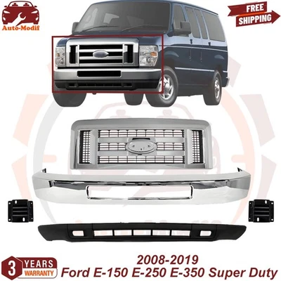 Front Bumper Chrome Kit & Brackets For 2008-19 Ford E-150 E-250 E-350 Super Duty Foto 1 de 4