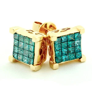 1.49CT 14K Yellow Gold Princess Cut Blue Diamond Screw Back 3D Stud Earrings - Picture 1 of 3