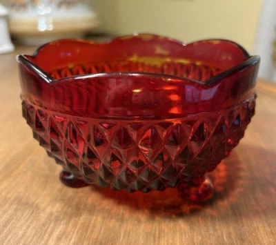 Vintage Indiana Glass Ruby Flash Diamond Point 3-Footed Candy Nut Dish Bowl - Image 1 of 4
