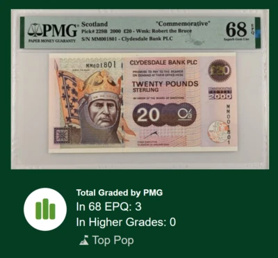[TOP POP] SCOTLAND £20 2000 P229B Comm PMG 68 SUPERB UNC CLYDESDALE MILLENNIUM - Image 1 of 3
