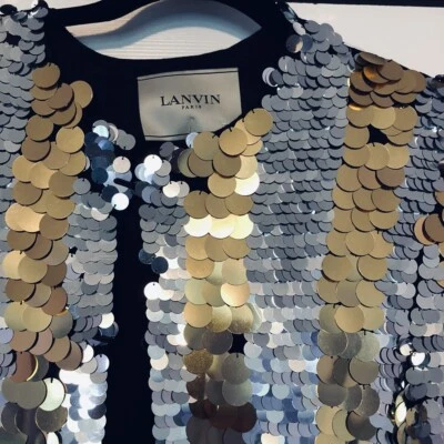 Nuevo con etiquetas, lentejuelas Lanvin Paris metálicas plateadas/doradas, forro de seda, XS/2 $575 Foto 1 de 4