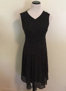 Talbots Women's Dress Polka Dot Chiffon Below Knee Black & Tan White Dots Sz 4 - Picture 1 of 6