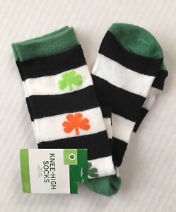 NWT St. Patricks Day Knee Socks Women's One Size Black White Stripe Shamrock