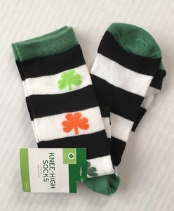NWT St. Patricks Day Knee Socks Women's One Size Black White Stripe Shamrock - Picture 1 of 1
