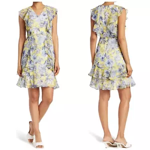 NUOVO! Abito chiffon arricciato Tommy Hilfiger giallo/blu stampato floreale $129 14 - Foto 1 di 11