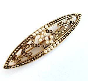 Vintage Victorian Revival Faux Pearl Gold Tone Bar Pin 2-3/8" Romantic Jewelry - Picture 1 of 4