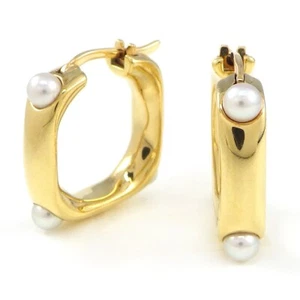 MIKIMOTO Pierced Earrings Hoop Square Baby Pearl 750(18K) Yellow Gold - Picture 1 of 4