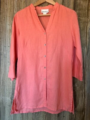 Top túnica vintage David N lino rosa coral playa boho madre perla botones talla M Foto 1 de 4