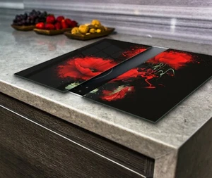 Hob Cover Induction Electric Cooker Chopping Board Glass Set 2 Parts Red Poppies - Picture 1 of 5