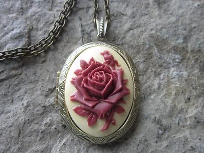 BURGUNDY, MAROON ROSE CAMEO LOCKET ON TAN- ANTIQUE BRONZE, VINTAGE LK, VICTORIAN - Image 1 of 4