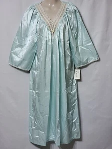 NEW VINTAGE DEENA WOMEN'S SILKY LONG BLUE NIGHTGOWN BELL SLEEVES LACE TRIM SMALL - Picture 1 of 8