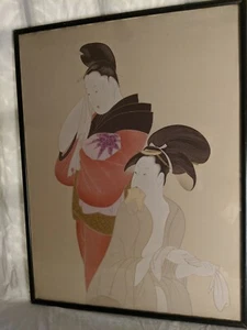 Vintage KITAGAWA UTAMARO Japanese Print on Silk UMA NO KOKU Mid Century women - Bild 1 von 5