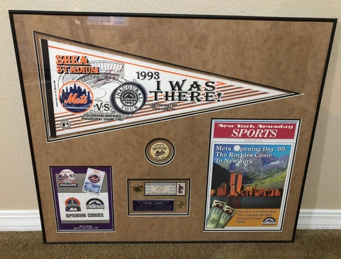 PBFES COLORADO ROCKIES Inaugural Game Custom Framed Auto Pennant,Program,Ticket Cover