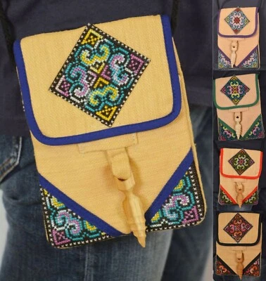 Small Hemp Bag Cross Stitch Embroidered Boho Crossbody Passport Size Purse  - Image 1 of 4