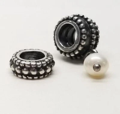 Dois autênticos berloques Pandora pérola e espaçador assinado 925 ALE prata esterlina - Imagem 1 de 4