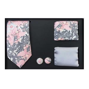 New formal Men's skinny necktie hankie cufflinks gift set pattern gray pink - Picture 1 of 3