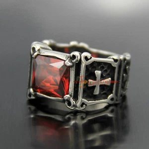 Men's Women's Red CZ Stone Holy Cross Stainless Steel Fashion Ring Retro Band - Picture 1 of 7