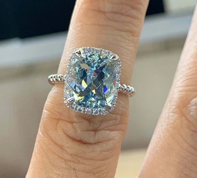 4Ct Cushion Cut Aquamarine Halo Engagement Wedding Ring 14K White Gold Finish - Image 1 of 4