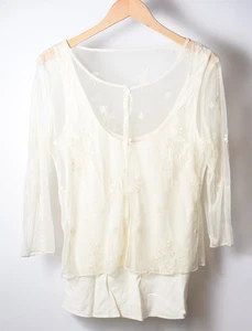 Vintage J. Jill elfenbeinfarben transparentes Shirt mit Tank 3/4 Arm Blumenstickerei Detail - Bild 1 von 13