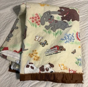 VTG 80s Pound Puppies Dog Twin Full Blanket 88x74 Brown Satin Trim Yellow - Picture 1 of 7