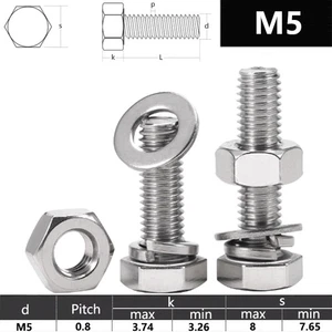 M5 HEX HEAD BOLTS HEXAGON BOLT+HEX NUTS+WASHERS A4 MARINE GRADE STAINLESS STEEL - Picture 1 of 7