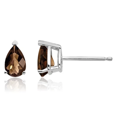 14K Solid White Gold Smoky Quartz Studs Pear Teardrop Solitaire Earrings - Image 1 of 4